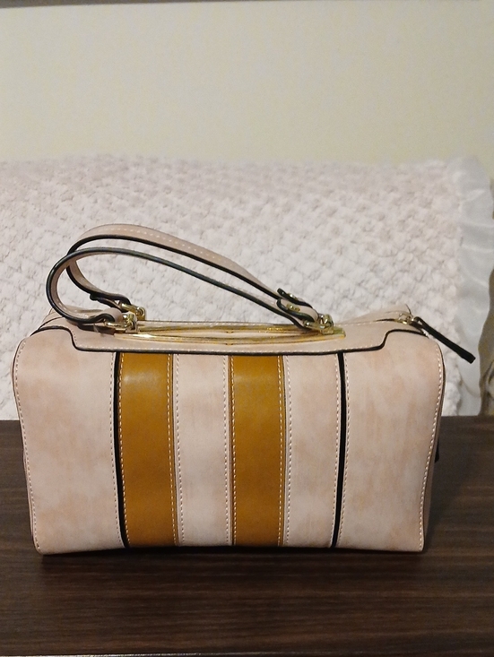 Handbags - Women's Pink and Brown Striped Satchel Handbag